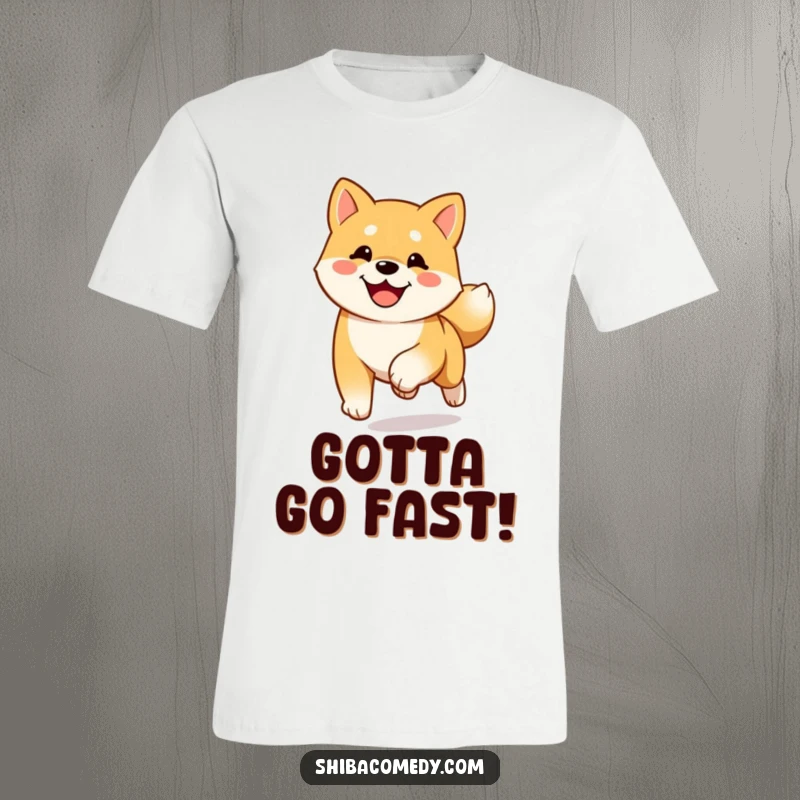 Funny happy Shiba Inu t-shirt showing a dog running towards you with its tail wagging, full of excitement.