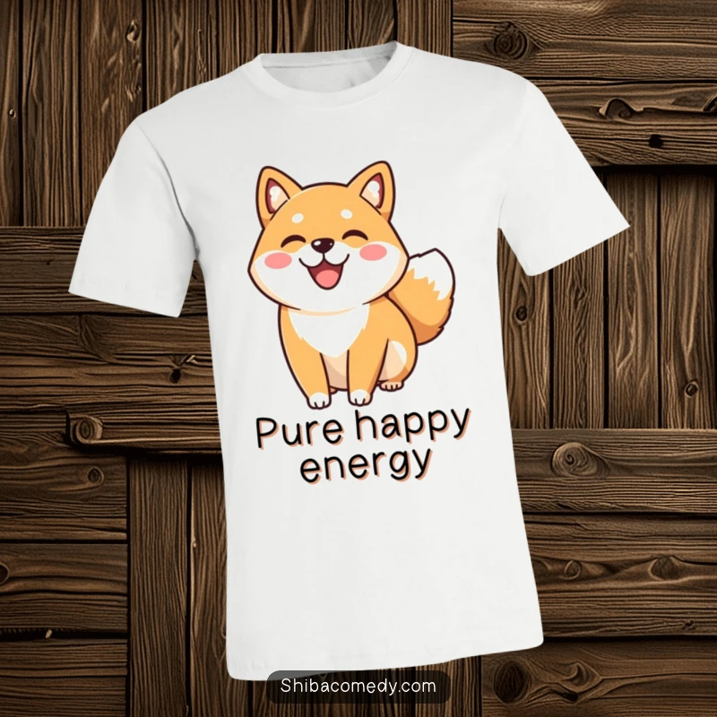Funny happy Shiba Inu dog smiling widely with its tail in motion, featured on a T-shirt to spread canine joy and good vibes.