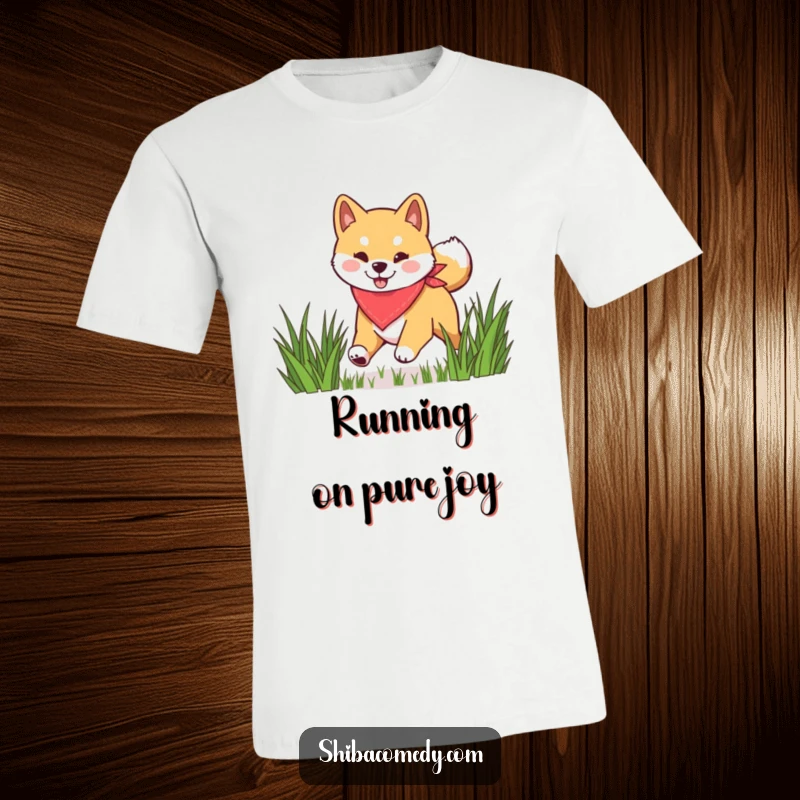 Funny Shiba Inu t-shirt showing a happy dog in a bandana energetically leaping through green grass, embodying pure canine delight.