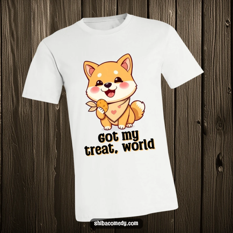 Funny Shiba Inu t-shirt, a joyful dog in a bandana clutches a delicious treat, perfect humorous apparel.