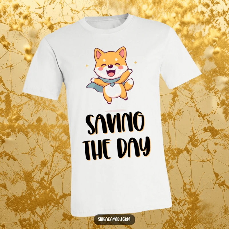 Funny Shiba Inu dog with a tiny cape, soaring through the air in a joyful leap, depicted on a T-shirt for super-powered fun.