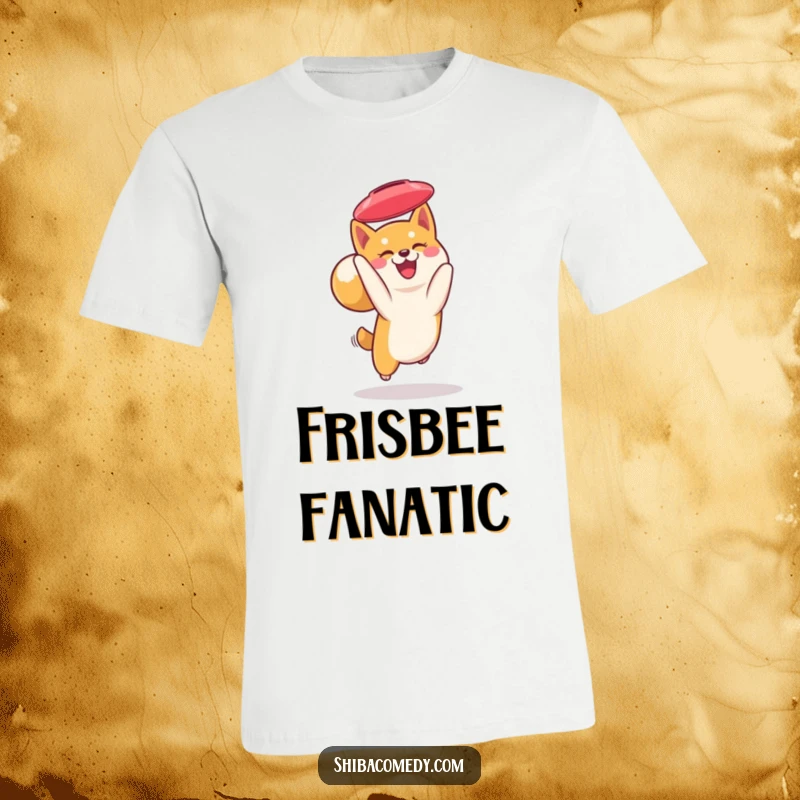 Funny Shiba Inu t-shirt: a smiling Shiba Inu with its tail curled leaps high to catch a frisbee mid-air, showcasing incredible agility.
