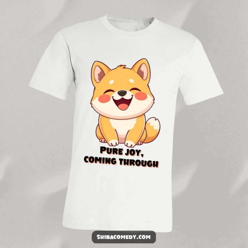 Funny Shiba Inu t-shirt of a dog grinning widely with tail curled high, expressing hilarious and contagious canine joy.