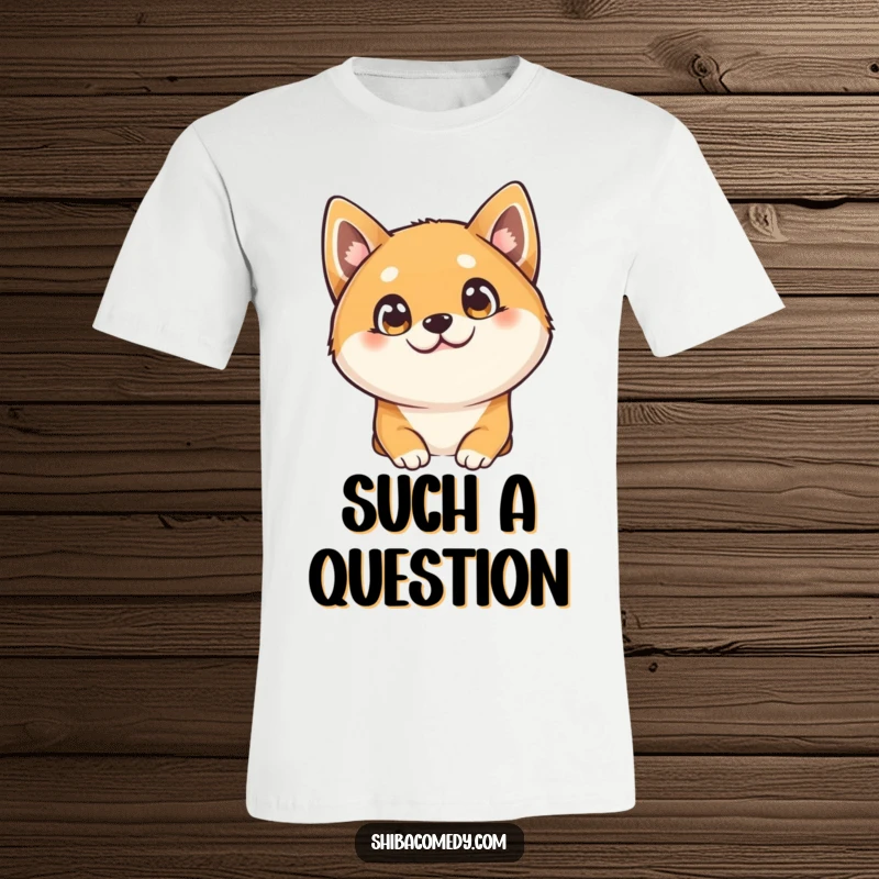 Funny Shiba Inu t-shirt, a curious dog tilts its head, showing off big bright expressive eyes, humorous apparel.