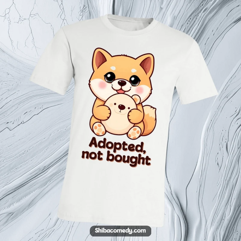 Funny Shiba Inu t-shirt with a dog sporting huge eyes, joyfully holding a stuffed animal, perfect for casual wear and dog lovers.