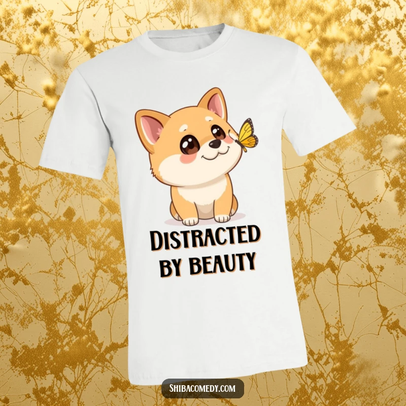 Funny Shiba Inu t-shirt featuring a dog with wide, captivated eyes watching a butterfly flutter gracefully by.
