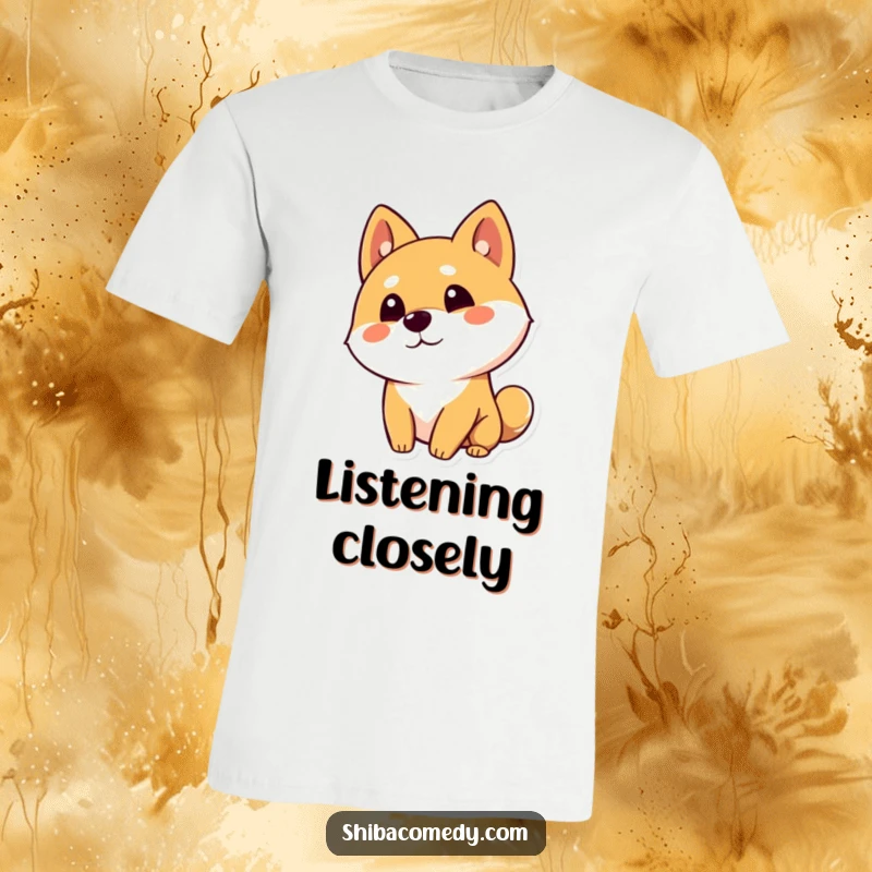 Funny Shiba Inu dog character with a curious head tilt and one ear up on a t-shirt, symbolizing thoughtful observation.