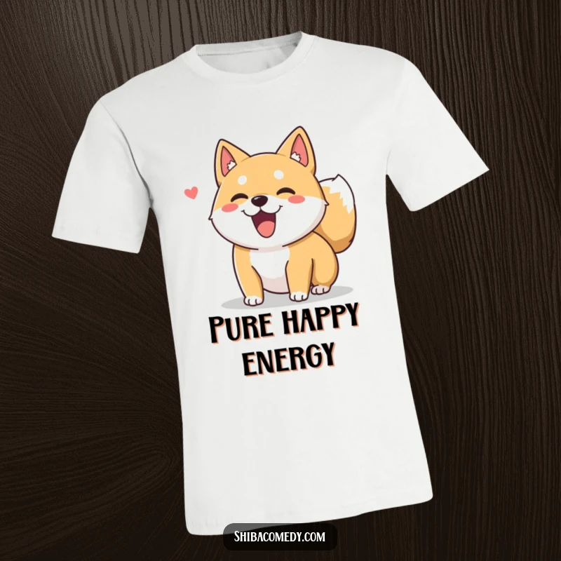 Funny Shiba Inu dog character with an excited, fluffy tail wagging enthusiastically on a t-shirt, symbolizing happiness.
