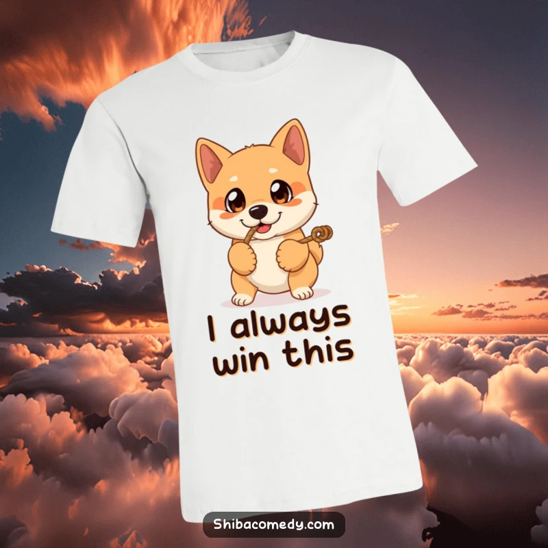 Funny t-shirt showcasing a Shiba Inu dog with large, expressive eyes enthusiastically playing tug-of-war with a rope, full of playful spirit.