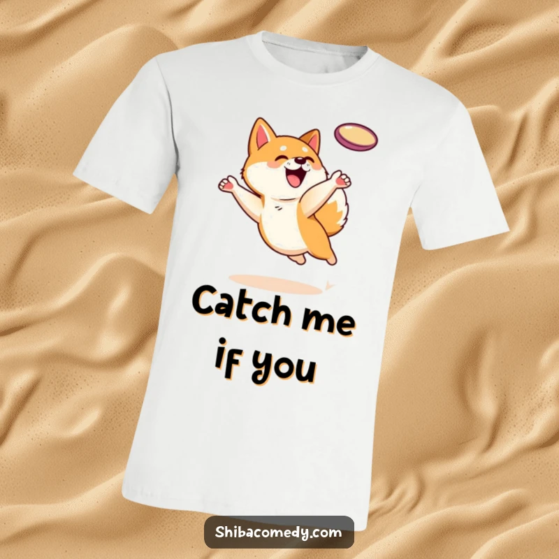 Funny Shiba Inu dog character captured mid-leap, reaching for a frisbee on a t-shirt, symbolizing fun and athleticism.