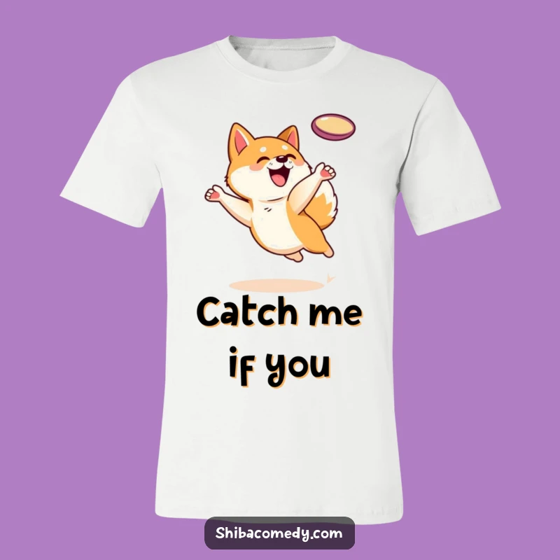 Funny Shiba Inu T-Shirt: Frisbee Leap Style, Casual Wear for Playful Pups