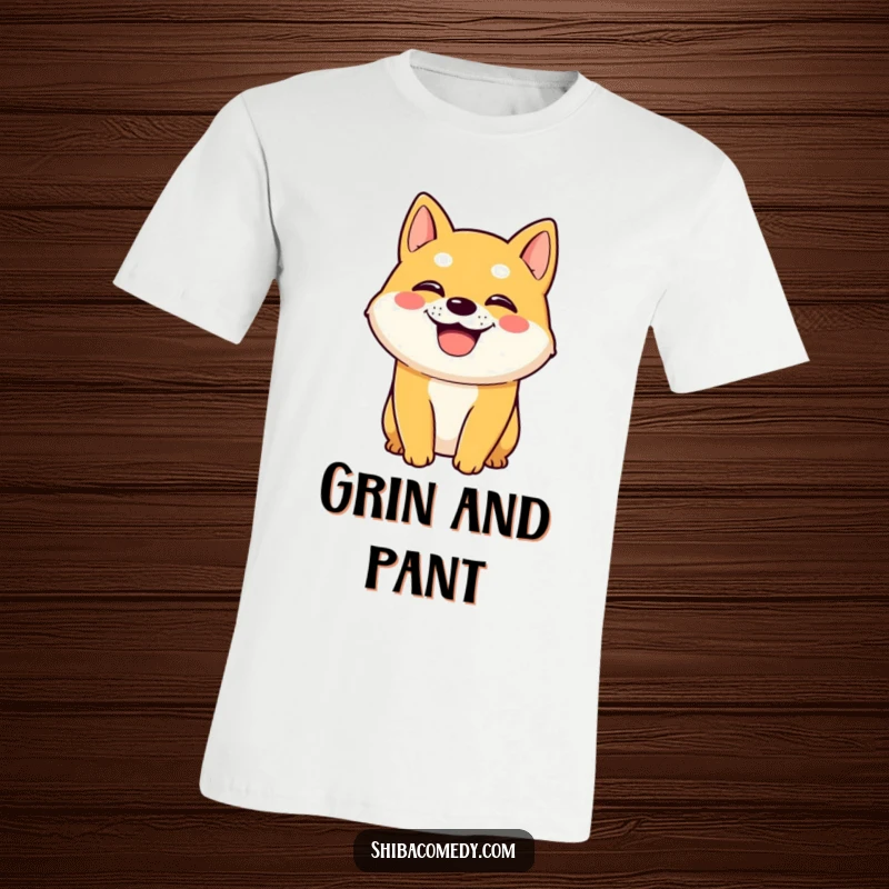 Funny Shiba Inu dog character with a wide, happy grin and panting tongue on a t-shirt, symbolizing pure joy and enthusiasm.