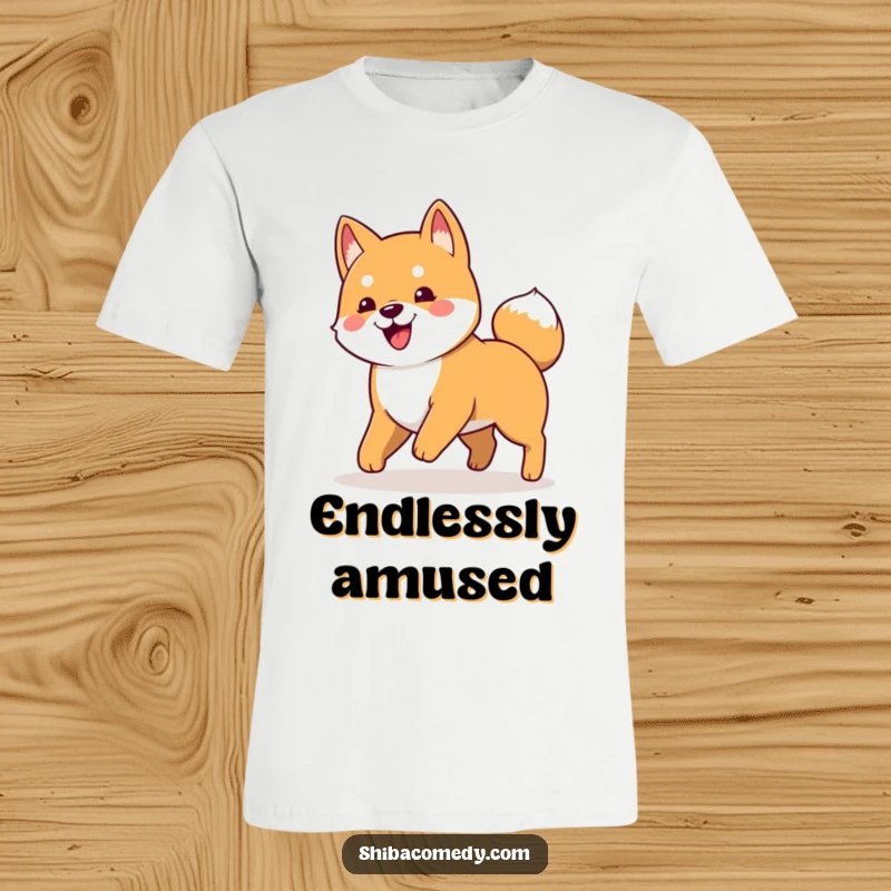 Funny t-shirt depicting a happy Shiba Inu in a playful pose, hilariously trying to catch its own wagging tail.
