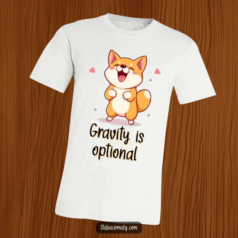 Funny Shiba Inu T-Shirt depicting an excited dog jumping high for a tasty treat, a great humorous gift.