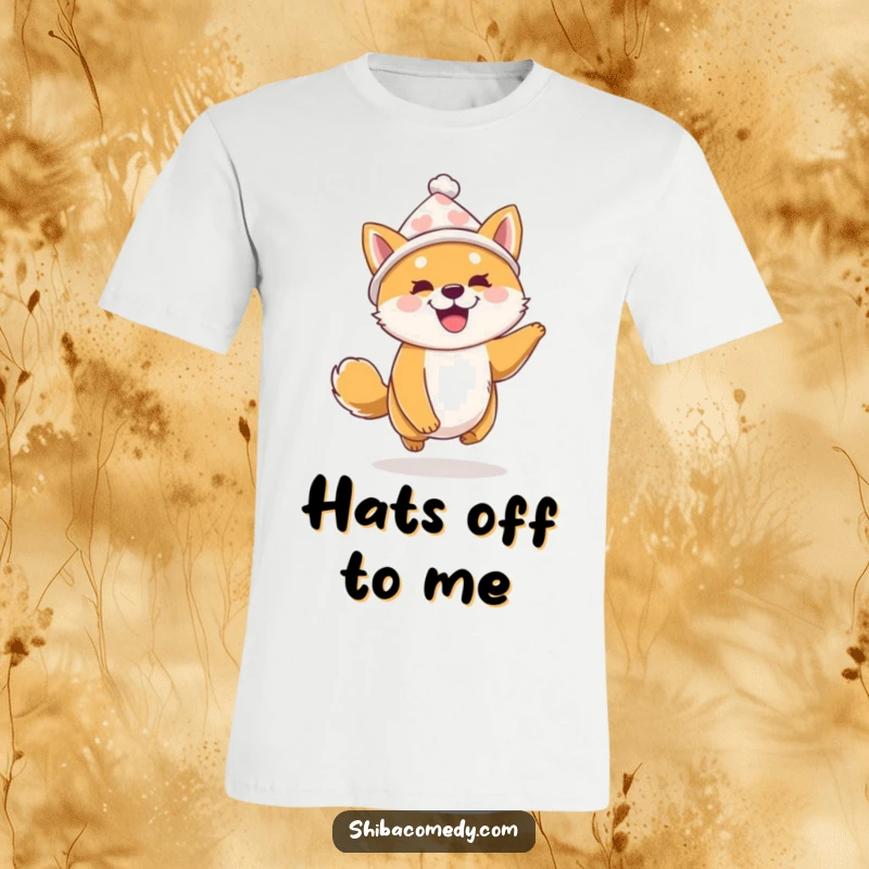 Funny Shiba Inu T-Shirt: A Shiba Inu sporting a tiny hat bounces with sheer excitement, radiating playful energy and humor.