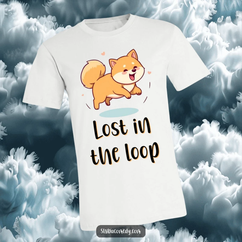 Funny Shiba Inu dog energetically spinning in a circle while chasing its tail, captured on a T-shirt for maximum chaotic fun.