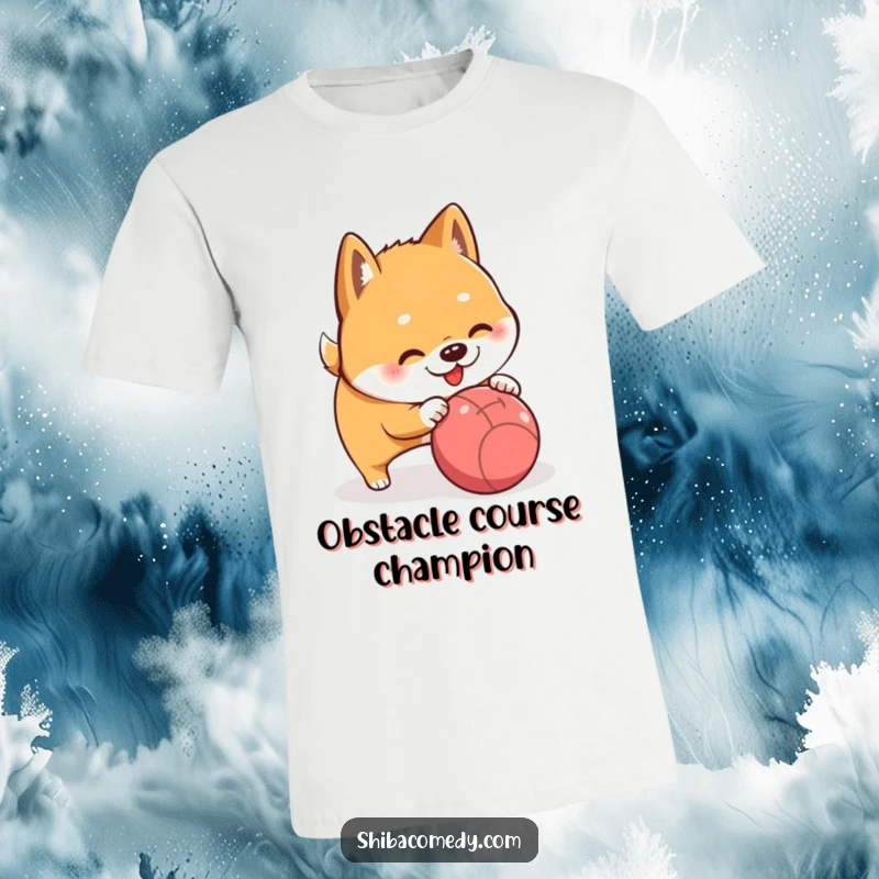 Funny Shiba Inu actively nudging a rolling ball, perfect for a humorous t-shirt.