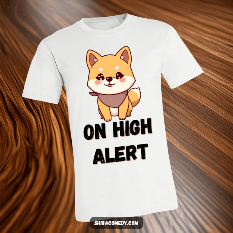 Funny Alert Shiba Inu T-Shirt: Dog wearing a bandana, looking alert and ready, making a statement with its keen gaze.