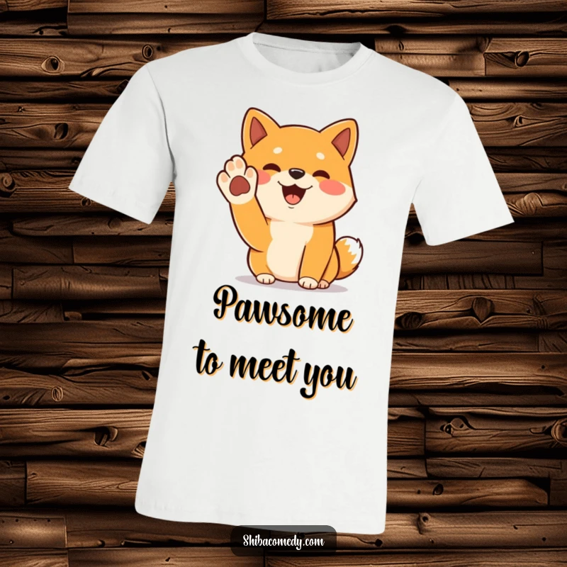 Funny Shiba Inu t-shirt with a cheerful dog raising its paw in a friendly greeting, perfect for dog lovers.