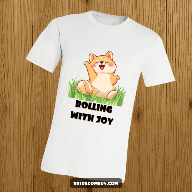 Funny Shiba Inu t-shirt, a happy dog rolls on its back in a green grassy field, perfect humorous apparel.
