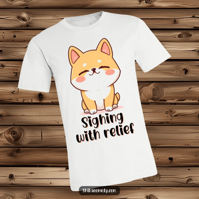 Funny Shiba Inu t-shirt of a dog with eyes shut, letting out a hilarious, contented, happy sigh of pure relaxation.