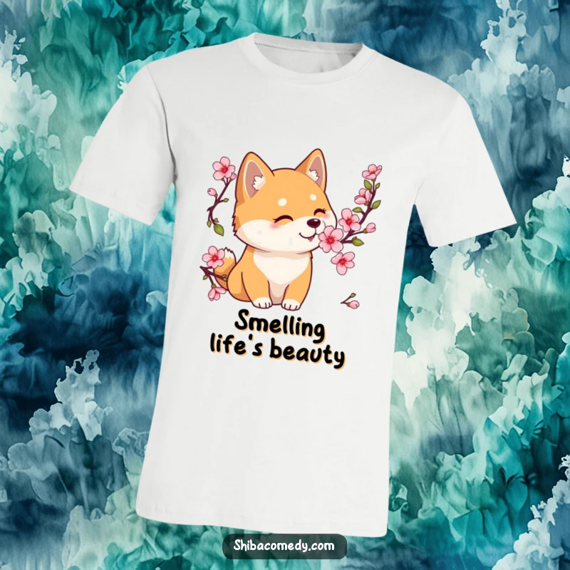 Funny Shiba Inu t-shirt showing a gentle dog sniffing a blooming cherry blossom, capturing a moment of peaceful curiosity.