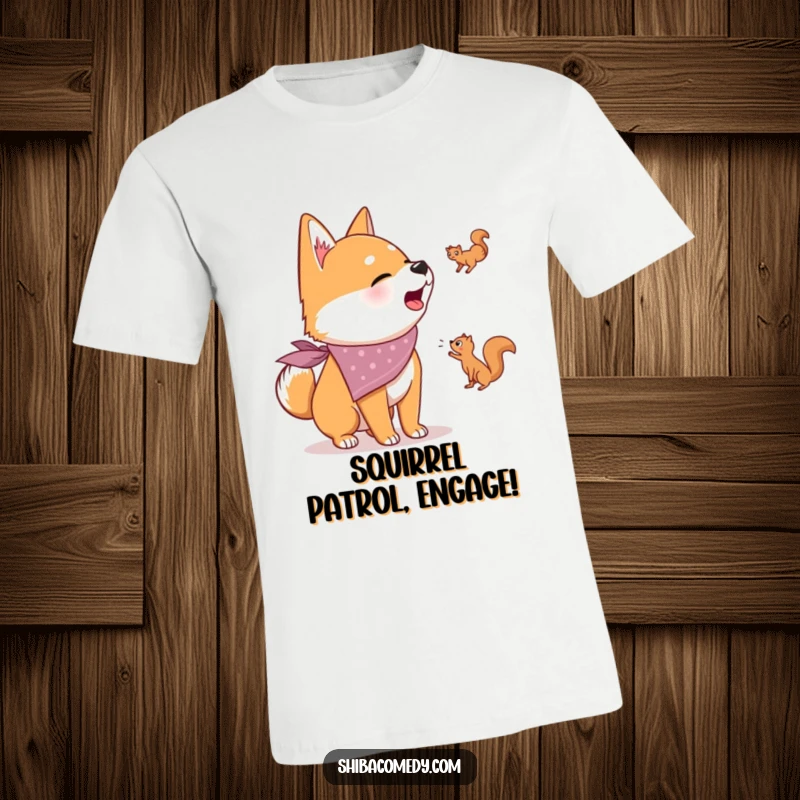 Funny t-shirt featuring a bandana-wearing Shiba Inu dog enthusiastically barking at a distant squirrel, capturing a moment of pure canine excitement.