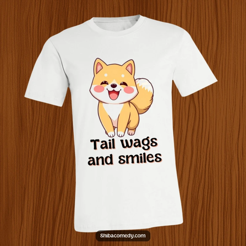 Funny Shiba Inu T-Shirt showing an excited Shiba Inu character with its fluffy tail wagging furiously, full of canine glee.