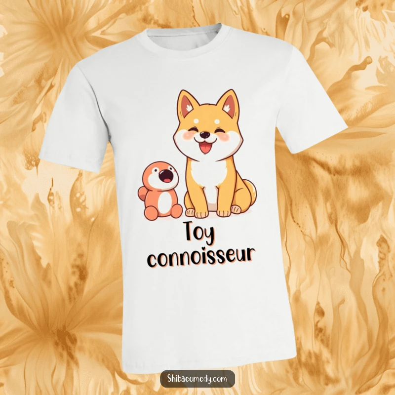 Funny t-shirt depicting a happy Shiba Inu with a goofy smile, proudly posing next to its beloved toy.