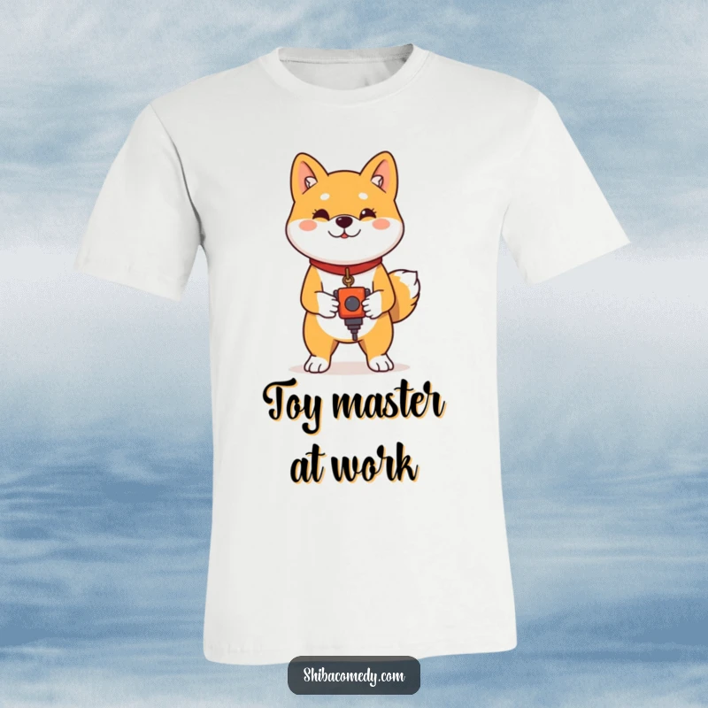 Funny Shiba Inu T-Shirt: A proud Shiba Inu stands regally with a toy, exuding confidence and playful accomplishment.