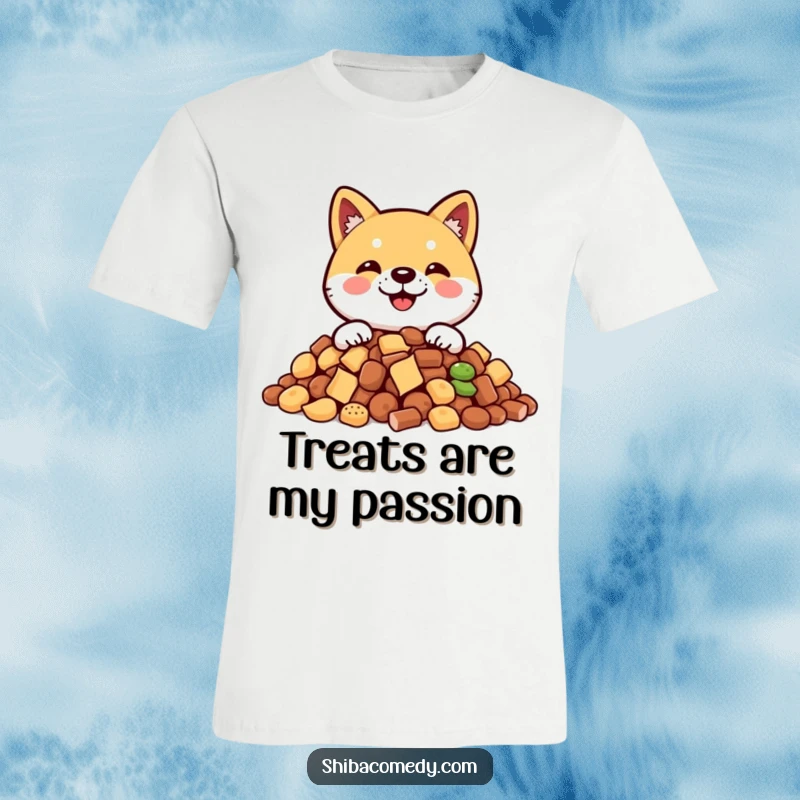 Funny Shiba Inu t-shirt with a smiling dog peeking over a mountain of treats, capturing pure, treat-driven joy and humor.
