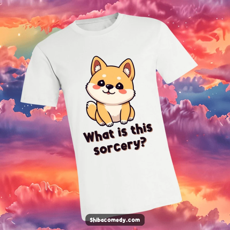 Funny Shiba Inu T-Shirt: Adorable dog tilting head inquisitively, one ear perked, capturing a moment of cute confusion.