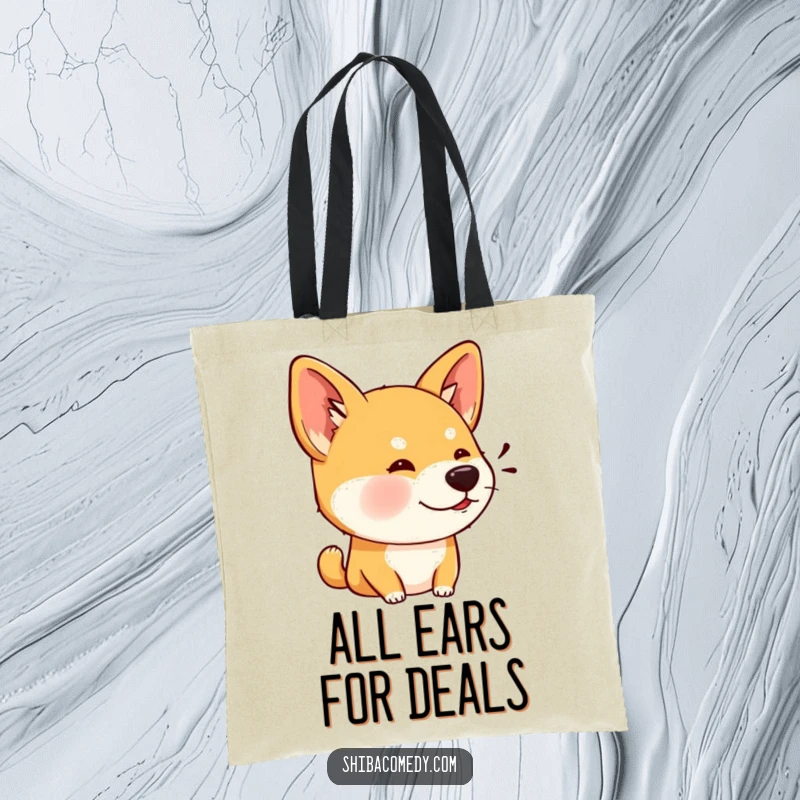 Funny tote bag showcasing a Shiba Inu dog with wide, alert ears, listening intently to its surroundings.