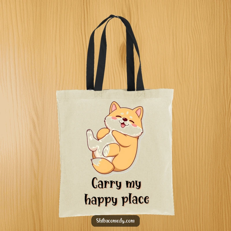 Funny Shiba Inu tote bag featuring a happy dog rolling its back, paws up, symbolizing joy and playful abandon for shoppers.