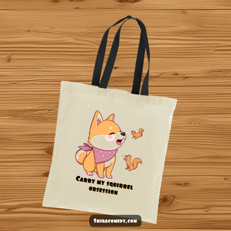 Funny tote bag showcasing a bandana-clad Shiba Inu barking at a squirrel, ready to carry your items with canine enthusiasm.