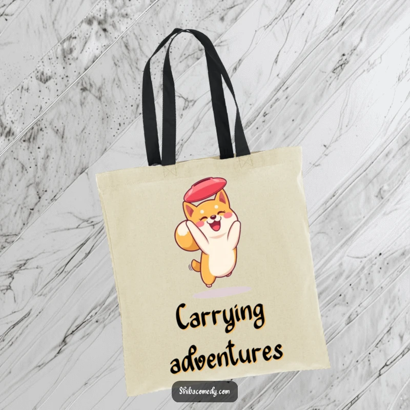 Funny Shiba Inu tote bag: a smiling Shiba Inu with a curled tail catches a frisbee in mid-air, perfect for carrying your day.