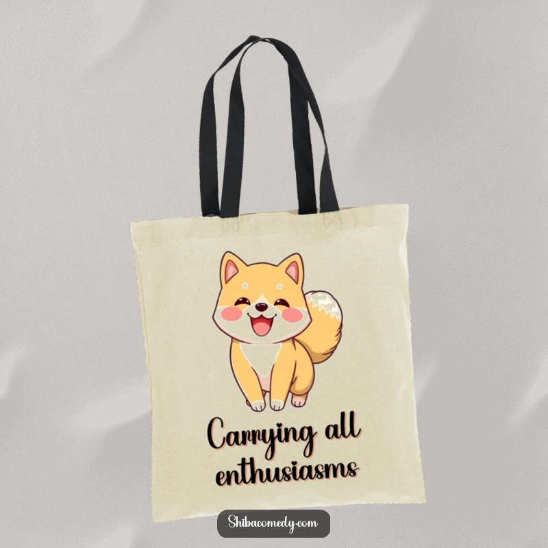 Funny Shiba Inu Tote Bag showing an excited Shiba Inu character energetically wagging its fluffy tail, perfect for dog lovers.