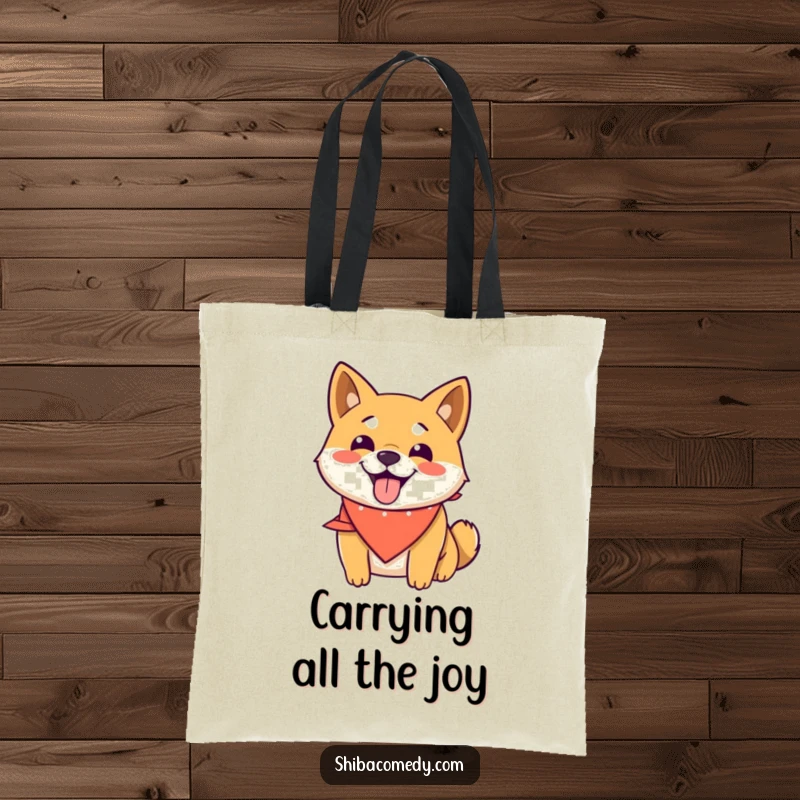 Funny Shiba Inu tote bag featuring a smiling dog wearing a bandana, panting happily, perfect for carrying essentials with humor.
