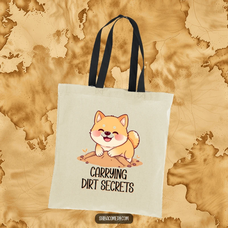 Funny Shiba Inu tote bag, a smiling dog digs enthusiastically in soft earth, practical humorous accessory.