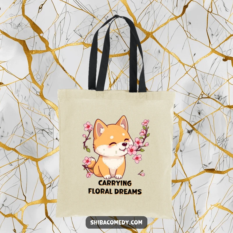 Funny Shiba Inu tote bag featuring a gentle dog sniffing a blooming cherry blossom, perfect for carrying essentials with grace.