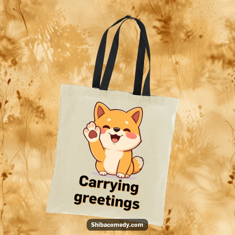 Funny Shiba Inu tote bag featuring a cheerful dog with its paw raised in a greeting, perfect for shopping.