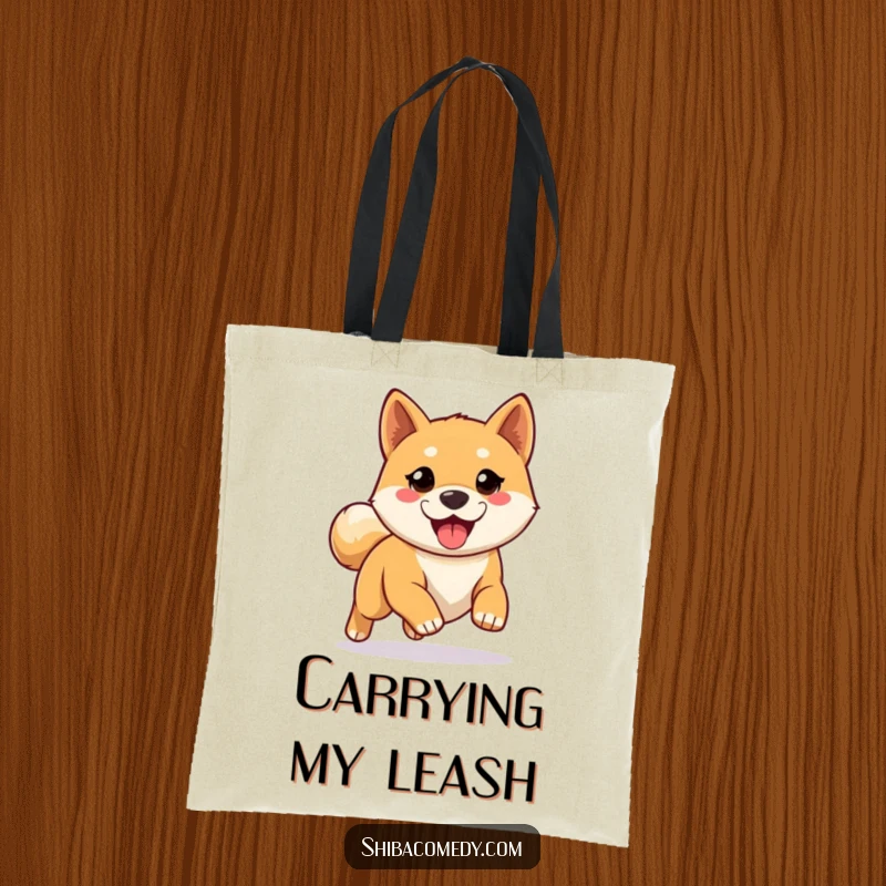 Funny Shiba Inu tote bag showing an eager dog anticipating a run, ideal for carrying essentials for active lifestyles and pet parents.