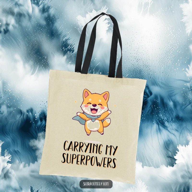 Funny Shiba Inu dog wearing a tiny cape, leaping joyfully on a durable tote bag, perfect for carrying essentials with a side of heroism.