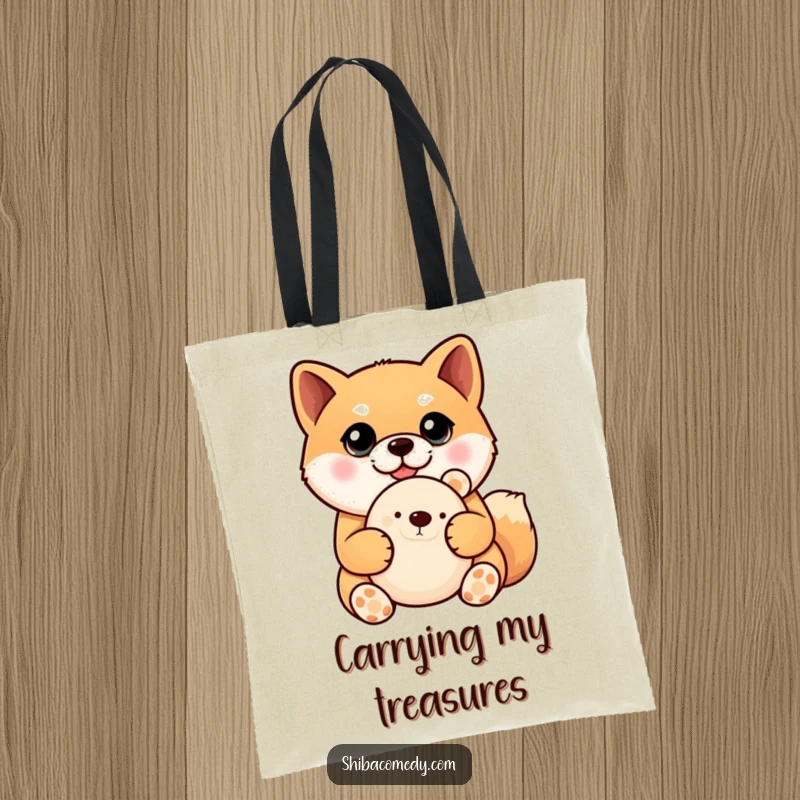 Funny Shiba Inu tote bag showcasing a charming dog with enormous, expressive eyes holding a cuddly plush toy, perfect for everyday use.