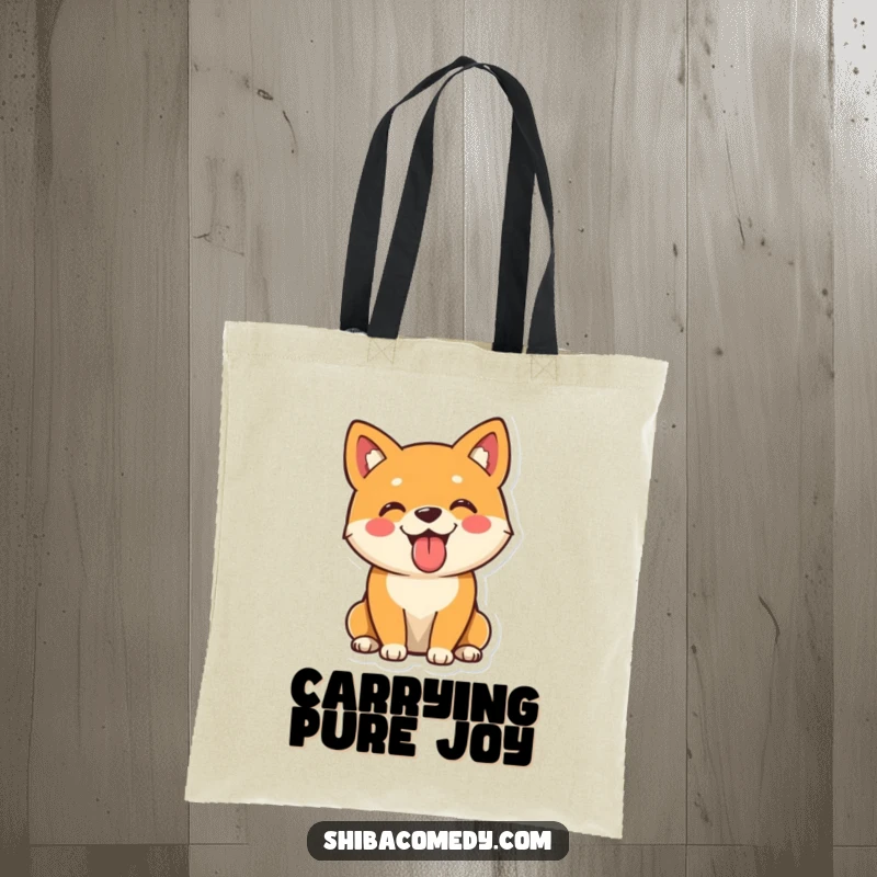 Funny Shiba Inu tote bag with a playful dog sitting, tongue out, a cheerful and practical accessory.
