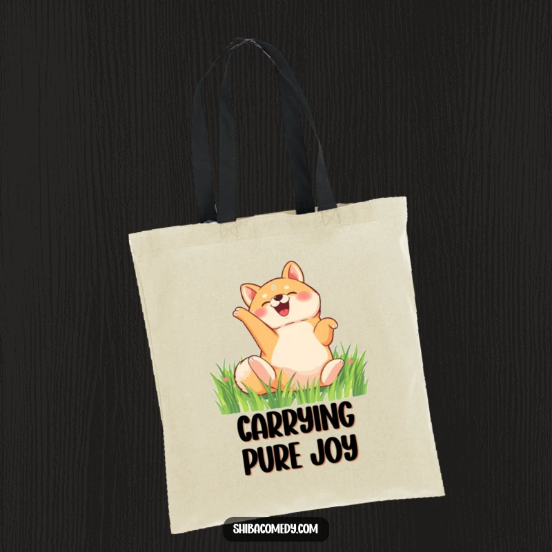 Funny Shiba Inu tote bag, a delighted dog rolls on its back in the grass, practical humorous accessory.