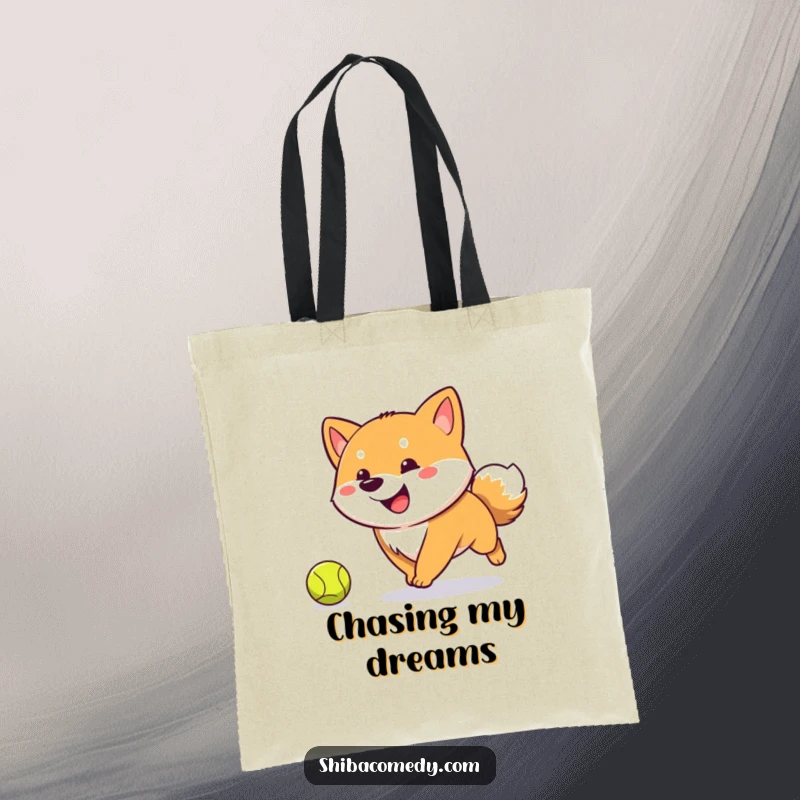 Funny Shiba Inu tote bag with a happy, tail-wagging dog chasing a tennis ball, perfect for carrying items with playful flair.