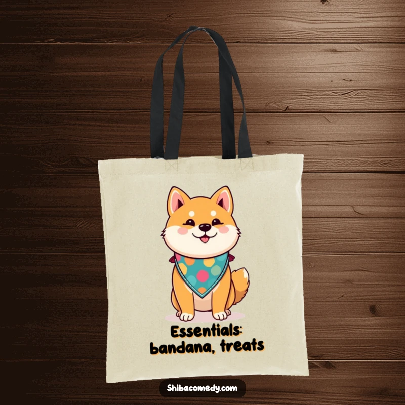Funny Shiba Inu tote bag featuring a proud dog posing with a vibrant bandana, a practical and stylish accessory for shoppers.