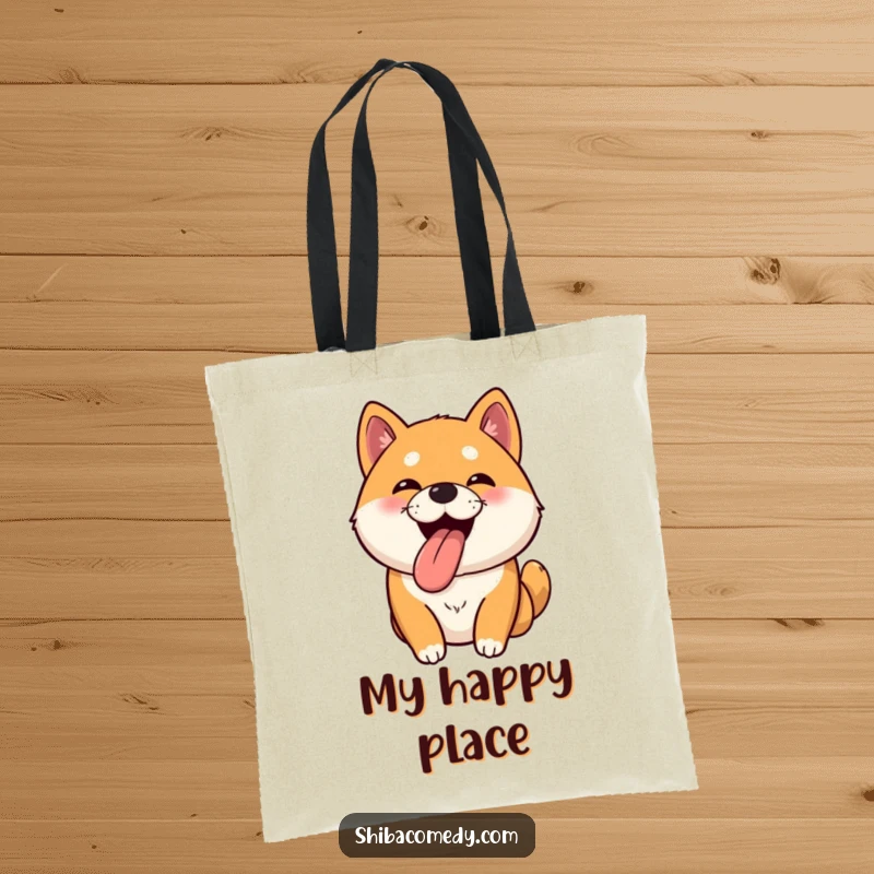 Funny Shiba Inu tote bag featuring a happy, bouncy dog with its tongue lolling out, perfect for shopping.