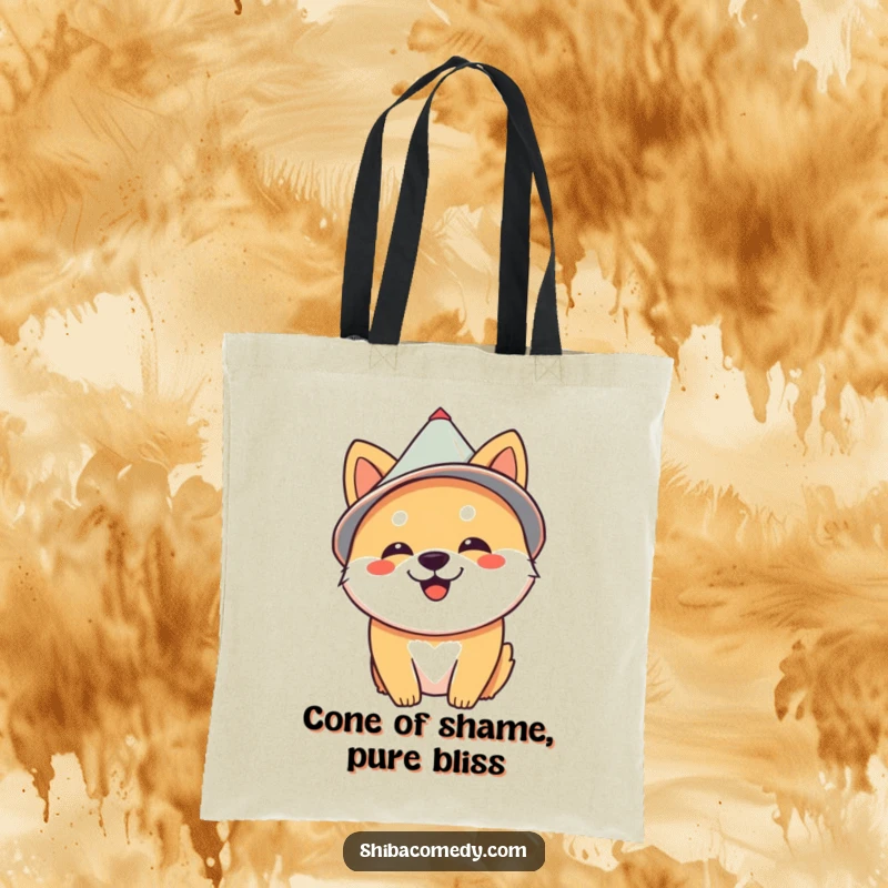 Funny Shiba Inu proudly wearing a cone hat, making this tote bag a humorous dog-themed accessory.